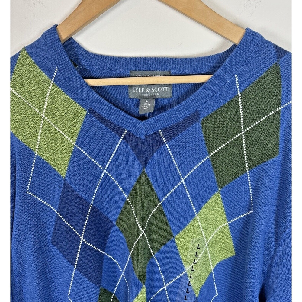 New Lyle &‎ Scott Men's 100% Combed Cotton V-Neck Sweater Blue Argyle • Large